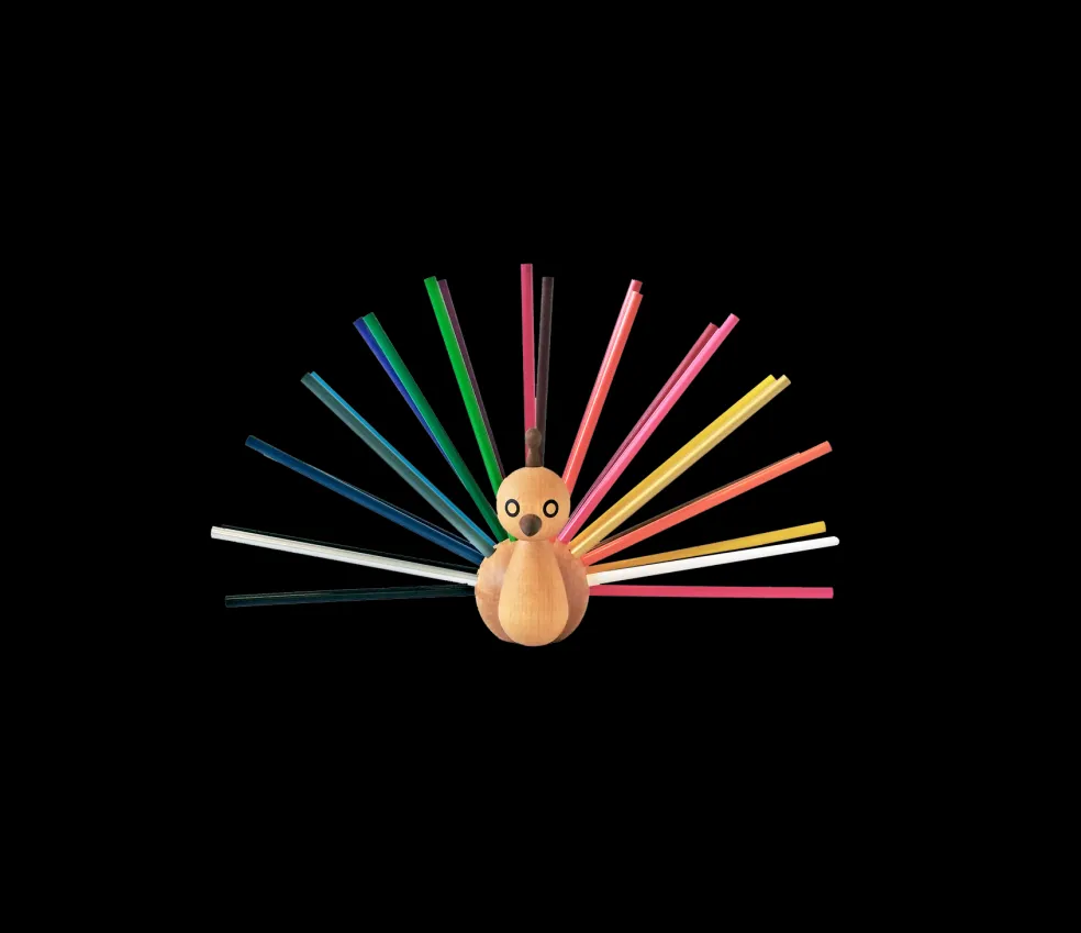 Wooden Peacock with color pencils